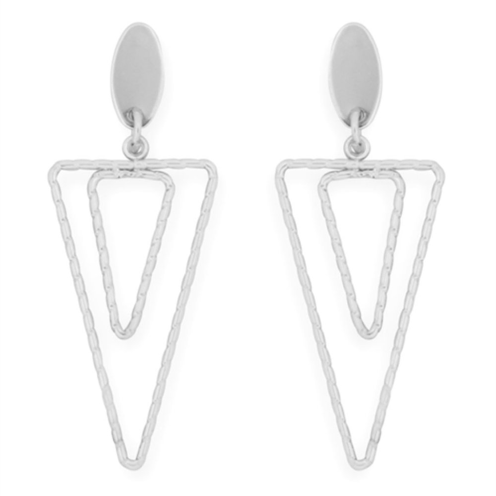 OPEN DOUBLE TRIANGLE DROP EARRINGS - SILVER TEXTURED - POST